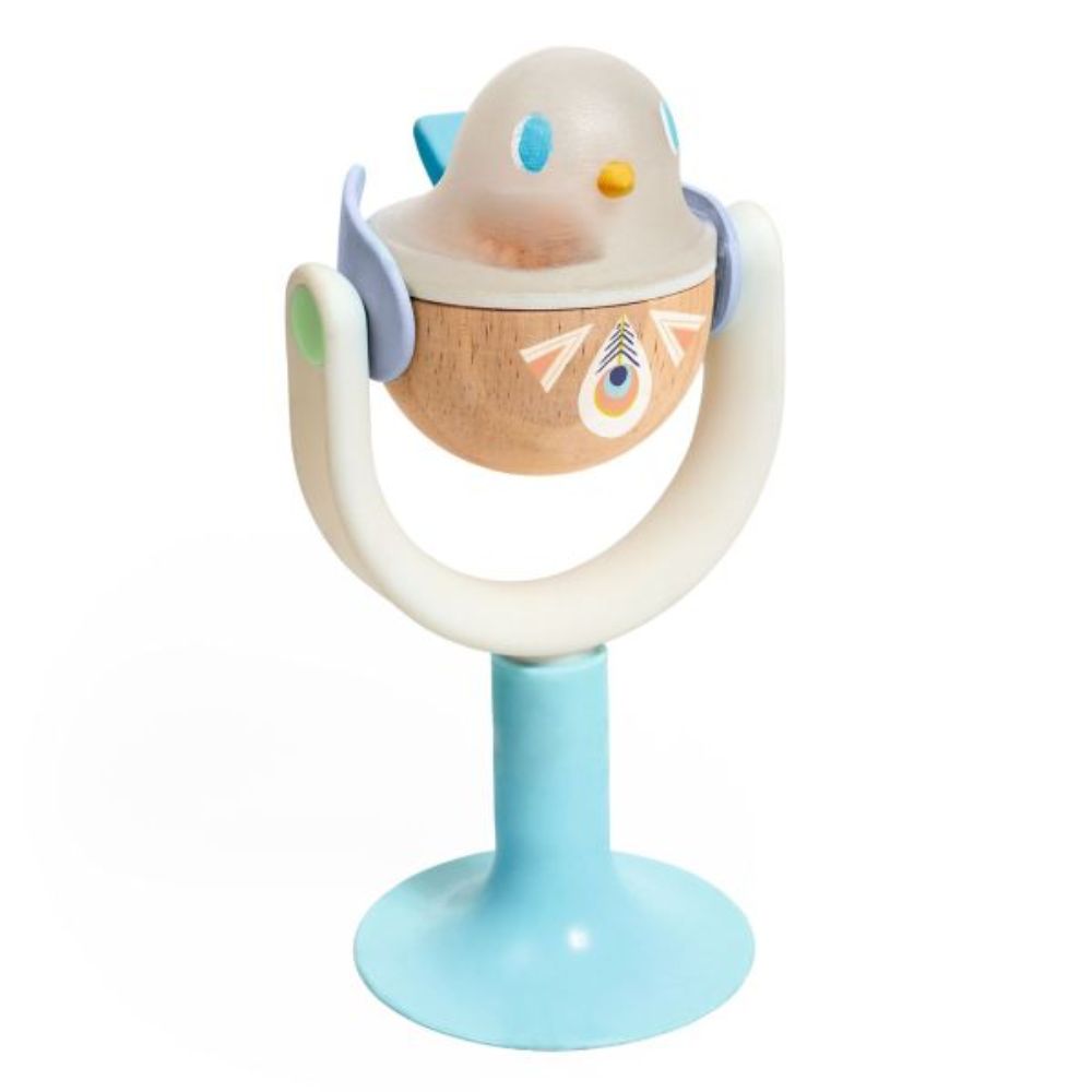 Djeco Pastel - Colored Natural Wood Bird - Shaped Roly - Poly Rattle for Babies 3+ Months