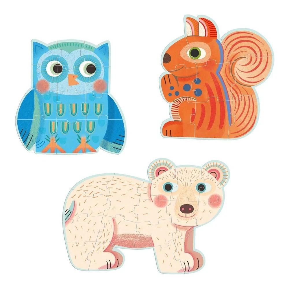Djeco Primo Forest Animal Puzzles - 9, 12, 16 Piece Sets for Kids