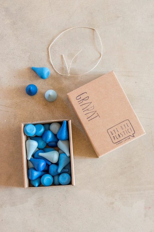 Grapat Handmade Wooden Mandala Raindrop Shaped Toys - Set of 36 Pieces in Blue Hues