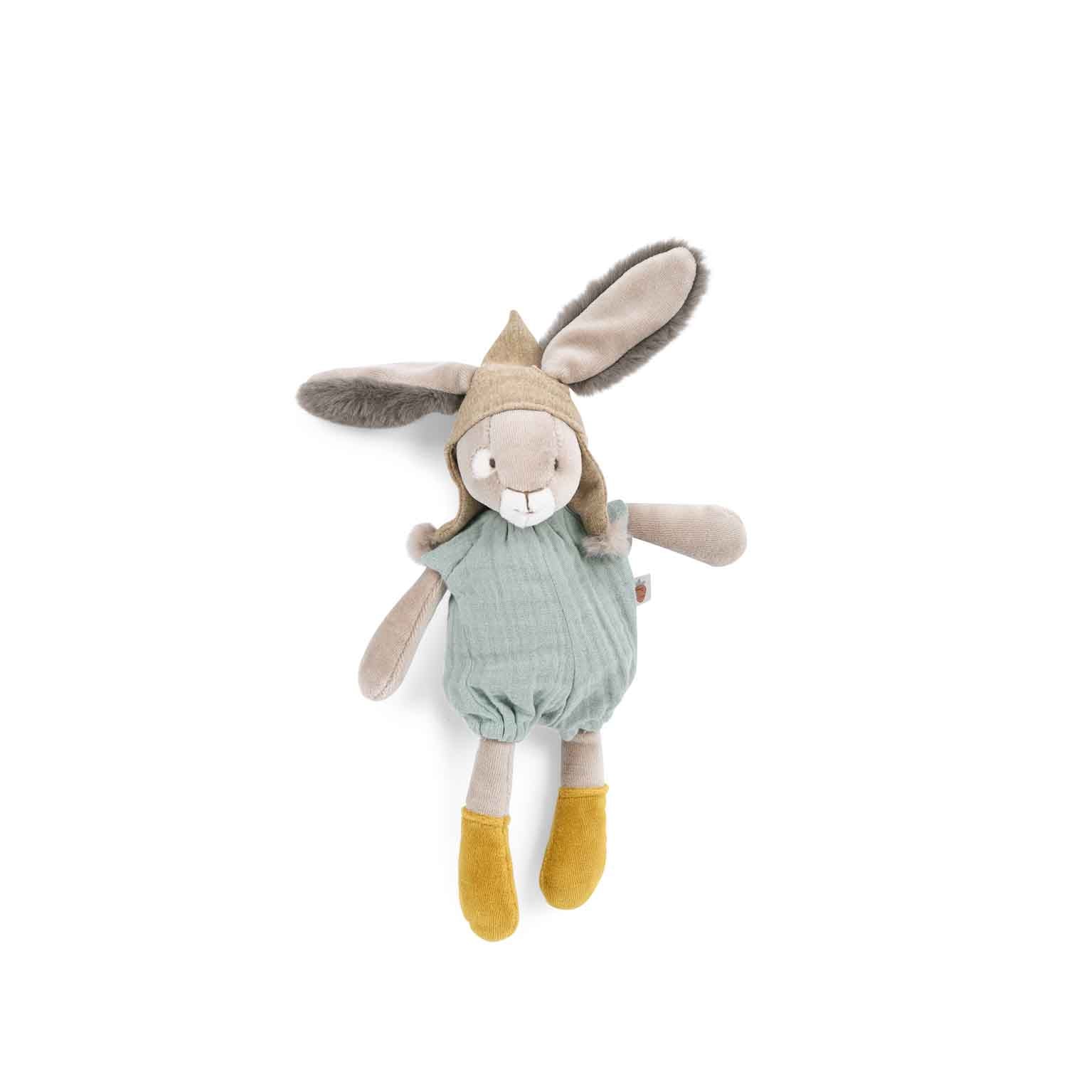 Moulin Roty Soft Sage-colored Three Little Towelling Rabbits Toy