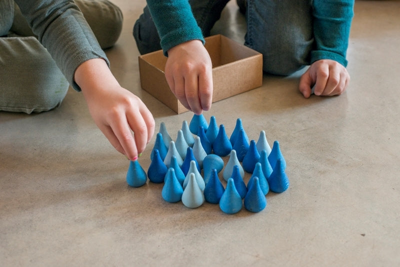 Grapat Handmade Wooden Mandala Raindrop Shaped Toys - Set of 36 Pieces in Blue Hues