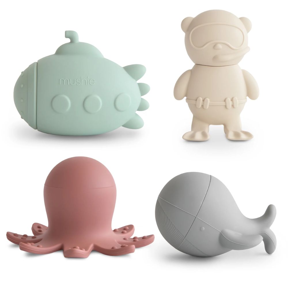 Mushie 4-Piece Mold-Free Sea Life Themed Bath Toy Play Set for Kids