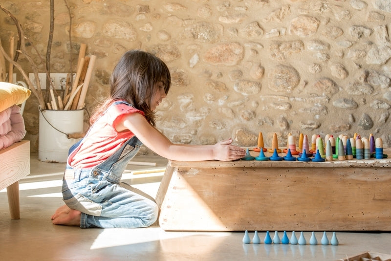 Grapat Handmade Wooden Mandala Raindrop Shaped Toys - Set of 36 Pieces in Blue Hues