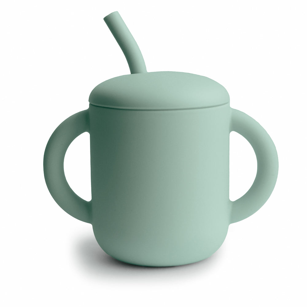 Mushie Cambridge Blue Silicone Training Cup with Removable Lid and Gentle Straw