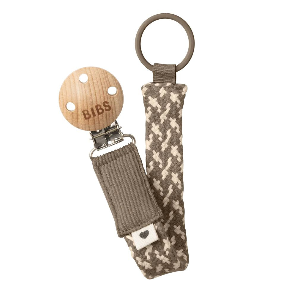 BIBS Organic Cotton Pacifier Braid Clip in Dark Oak and Vanilla Color Combinations