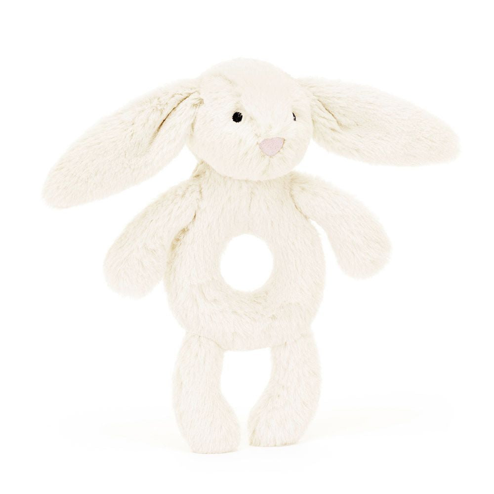 Adorable Black and Cream Colored Bunny-Shaped Ring Rattle Toy for Babies