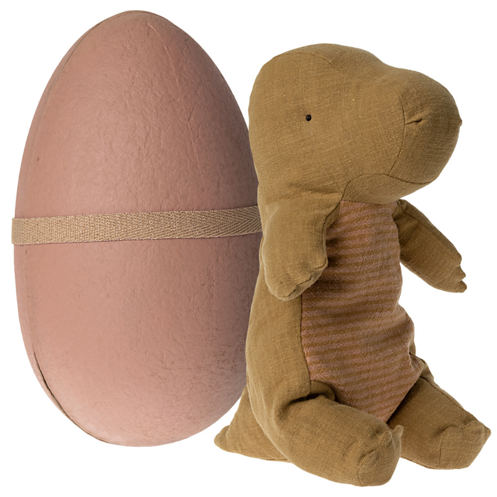 Medium-Sized Dark Ochre Maileg Gantosaurus Stuffed Toy in an Egg