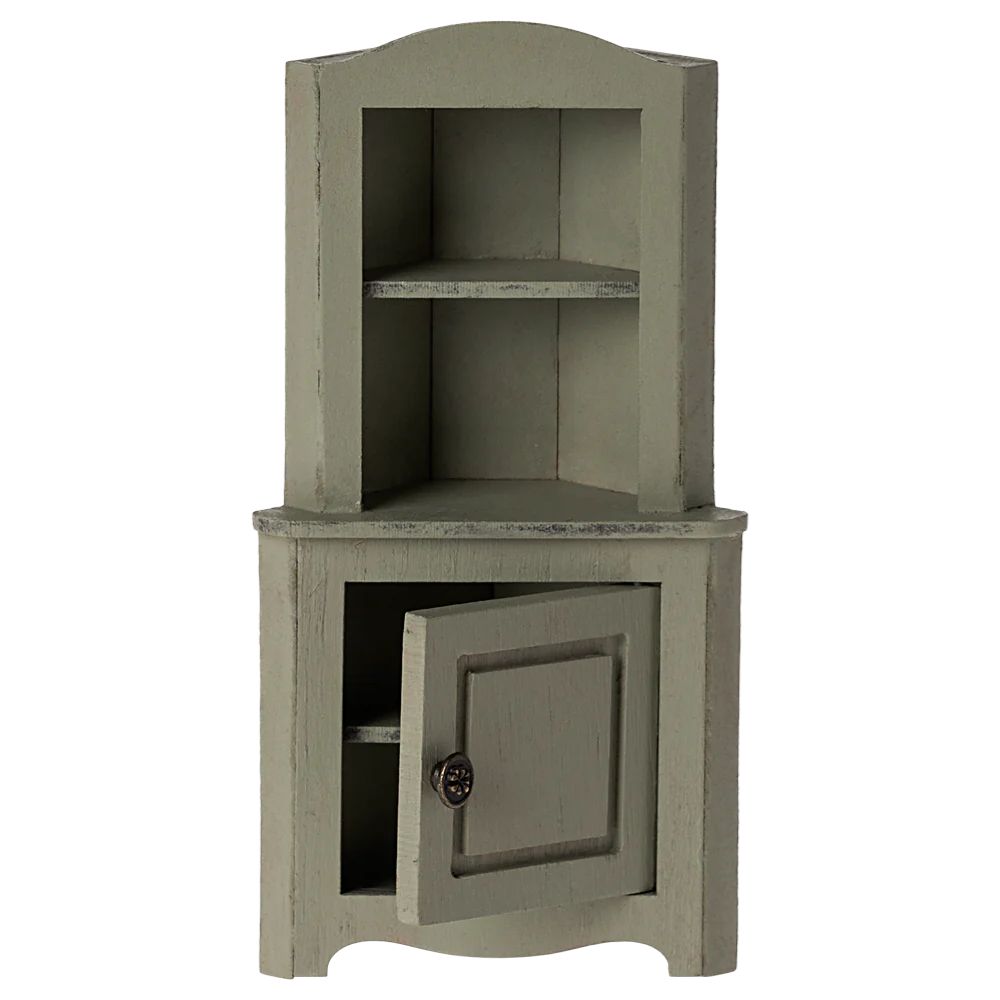 Maileg Light Green Mouse-Sized Corner Cabinet with Vintage Finish