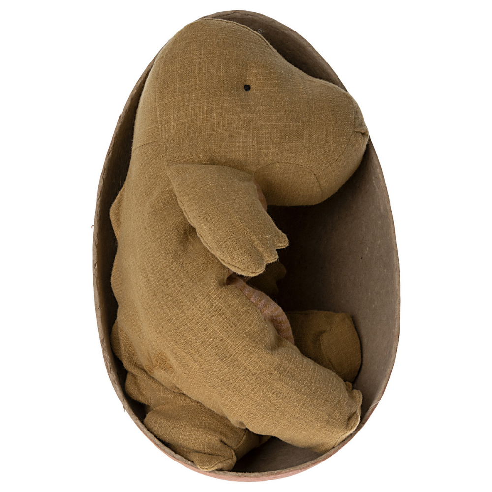 Medium-Sized Dark Ochre Maileg Gantosaurus Stuffed Toy in an Egg